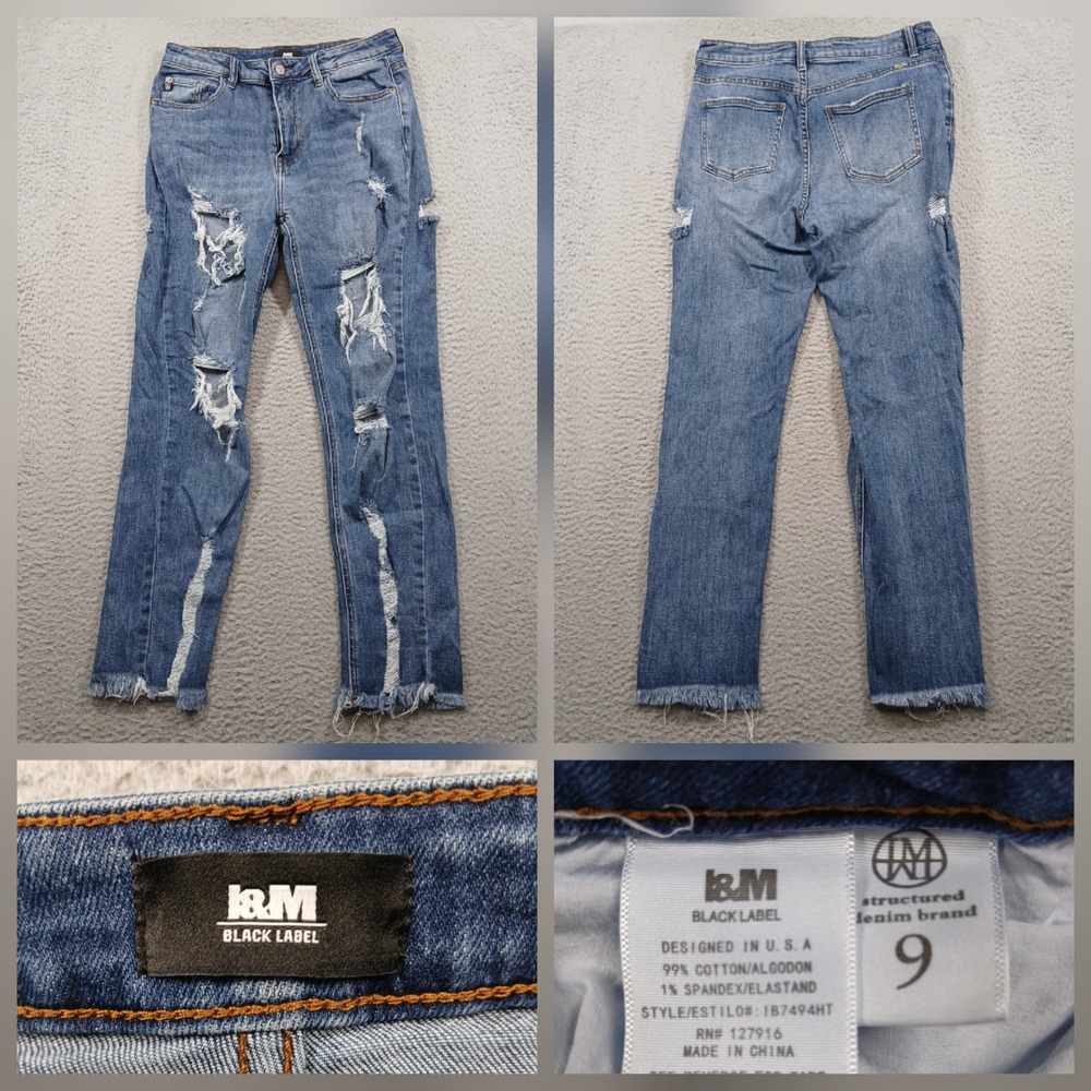 L&M Black Label Distressed Straight Leg Jeans Women Size 9 Blue Raw Hem EUC